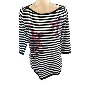 European Monari Black White Stripe Floral Top Size 12 3/4 Sleeve Boat Neck Tee